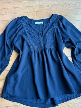LOFT Navy Embroidered Boho Peasant Blouse Bell Sleeve Top Small